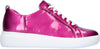 Glossy bright hot pink leather trainer shoe with contrasting  thick white sole and wide laces.
