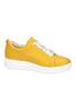 Ladies bright yellow leather trainer shoe with wide white ribbon laces, thick white sole.