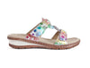 backless mule shoes, with bright dotty multicoloured top and tan leather sole