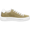 khaki suede trainer with thick white sole, white laces and white heel protector. 