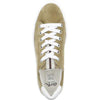 Khaki suede trainer with feature stripes running down the tongue, thick white sole, white laces and white leather heel protector. 