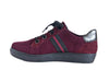 Purple flat-soled ladies’ trainer shoe with mesh and leather upper, contrasting stripe detail and wide laces. 