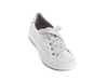 white leather trainers with silver heel protector, grosgrain laces and white and grey rubber sole.