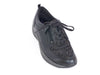 black leather trainer style ladies shoe with laces, zip and patterned panel on top of the shoe