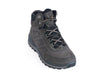 grey leather boot with contrasting black fabric tongue and ankle support, grey and black leather sole