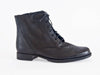 Side view of smart black leather ladies ankle boot with fine laces, flat heel and elegant punched leather detail
