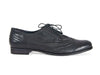 Side view of smart black leather ladies brogue shoes with fine laces, flat heel and elegant punched leather detail