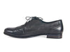 Side view of smart black leather ladies brogue shoes with fine laces, flat heel and elegant punched leather detail