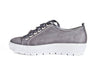 Side view of grey nubuck leather trainers with feature ribbon laces and thick white non-slip soles - Ellie Dickins Shoes