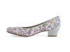 Multi coloured summery flowery ladies leather court shoe with grey mid height heel