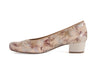 Very pretty ladies wide fit mid heel shoe with buff back decorated with gold and rose flowers. Round toe. Plain beige heel. 