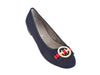 navy blue suede leather pumps with gold buckle on toe with red and blue gross grain ribbon