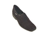 Ladies slip-on black loafer shoes with stitching detail to top and sides and moulded heel and sole. 