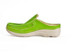 ladies lime green leather slip on mules with contrasting white rubber sole and stitching detail