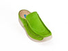 ladies lime green leather slip on mules with contrasting white rubber sole and stitching detail