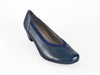 Women's navy blue leather slip on court shoes, extra wide with stylish elastic trim detail - at Ellie Dickins Shoes