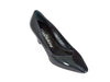 black grey mid-height heeled shoe with glossy patent leather on one side and rich suede on the other, overlapping on the front of the shoe