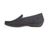 Side view of ladies flat black nubuck leather shoes, with low heel, feature moccasin stitching around the toe - from Ellie Dickins Shoes