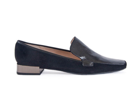 Contrasting heel black patent leather & suede loafer