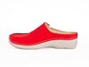 Bright red leather upper with white stitching and thick soft white rubberised sole mule slip on shoes