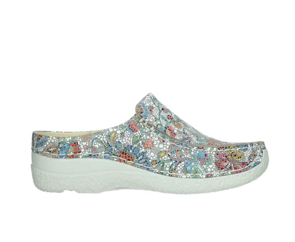 Wolky seamy slide mule white multi-colour mosaic leather