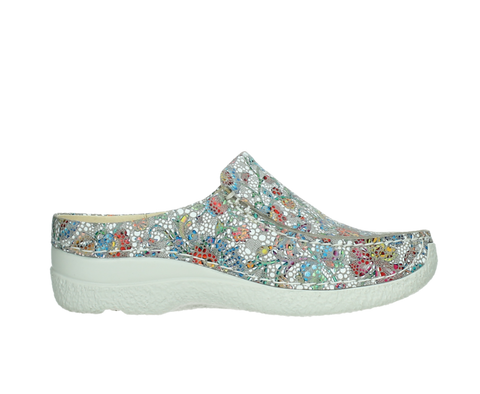 Wolky seamy slide mule white multi-colour mosaic leather