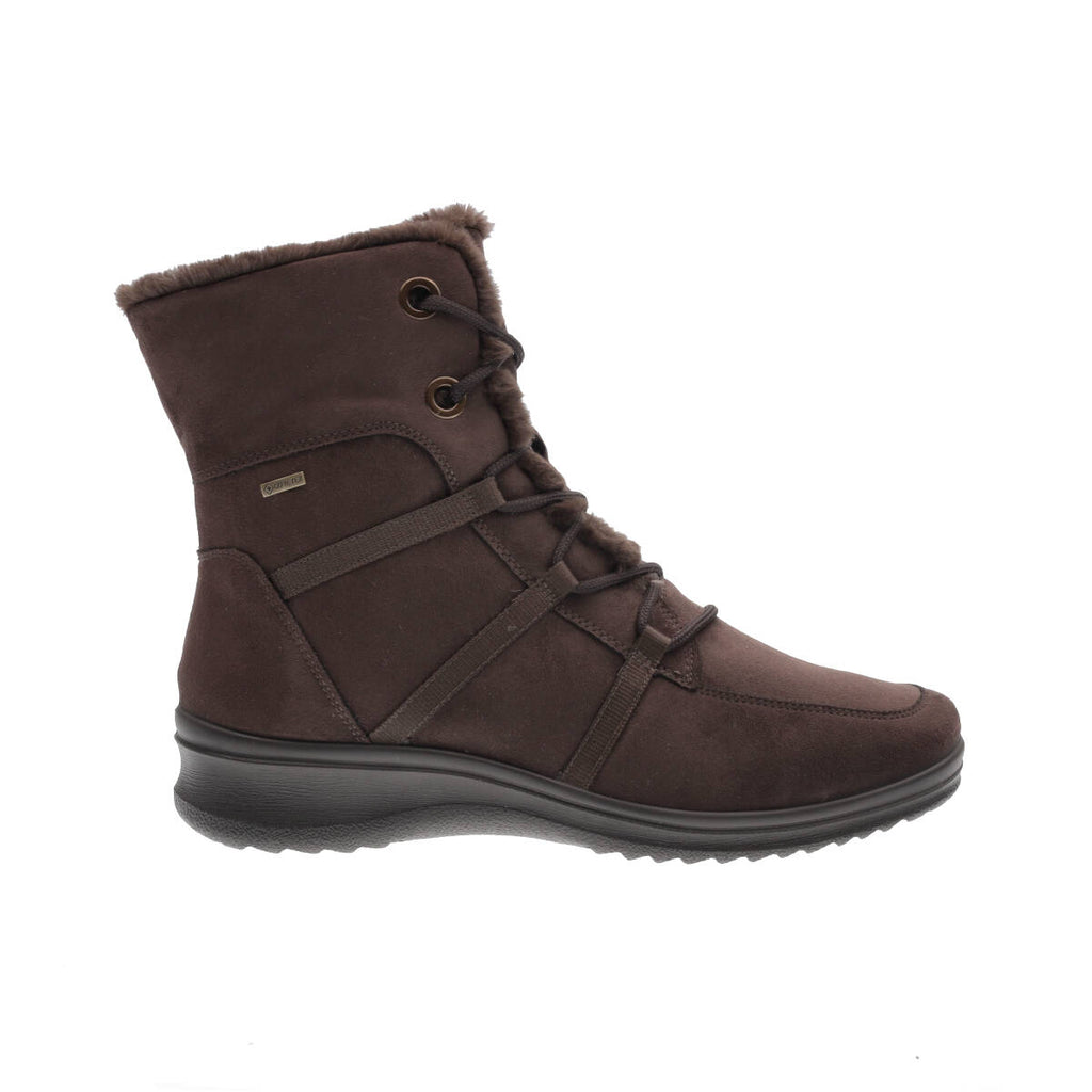 Brown mid-calf leather boot with fake fur edging, feature laces and a dark sole. 