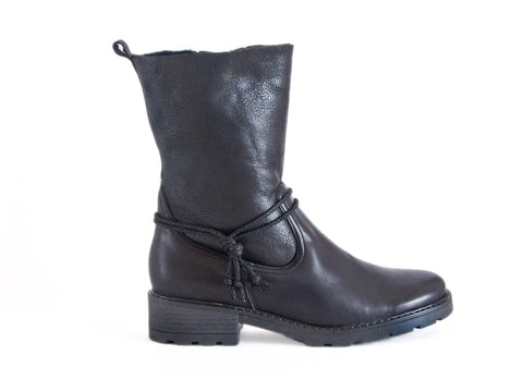 Mid calf "biker boot" with tie in nubuck leather-BLACK