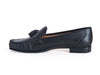 Smart black leather ladies loafer with black suede tassel on the top and the feature stitching detail of a moccasin shoe. 