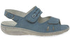 Powder blue leather sandals with grey heel back buckle and metal ring detail over the foot.