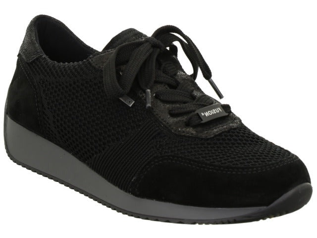 Black mesh trainer with grey sole, wide black laces and leather trim. 