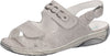silver leather ladies sandals with a chainlike detail on top of the foot, silver buckle and soft silver and neutral moulded sole. 