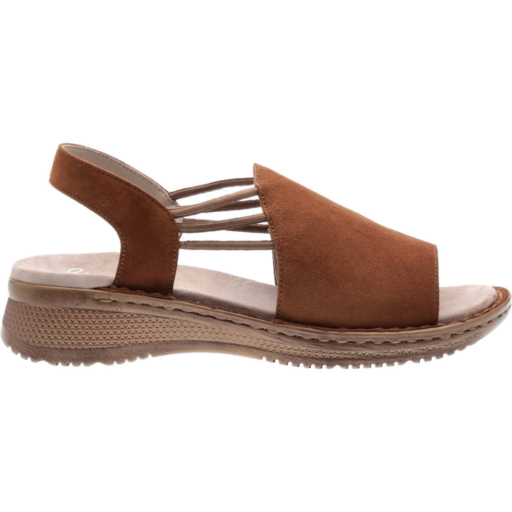 Tan leather upper and ankle strap with 3 bars of slim elastic at the sides, and a lighter tan leather insole with slight heel.