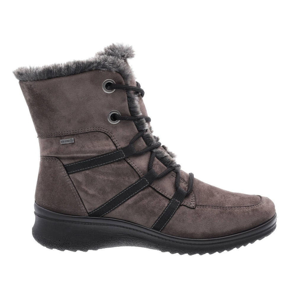 Brown mid-calf leather boot with fake fur edging, contrasting feature laces and a dark sole. 