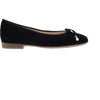 Navy blue suede leather flat ladies pump shoes, with leather bow and pearl effect ends.
