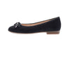 Navy blue suede leather flat ladies pump shoes, with leather bow and pearl effect ends.