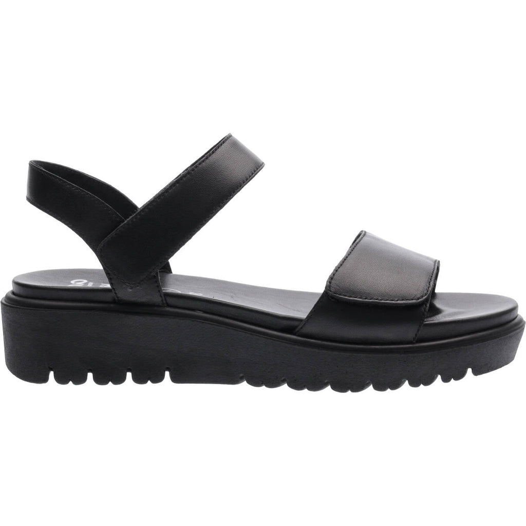 Black leather sandal with one strap over the top of the foot and one over the ankle, with back strap and thick ribbed cushioned black sole.