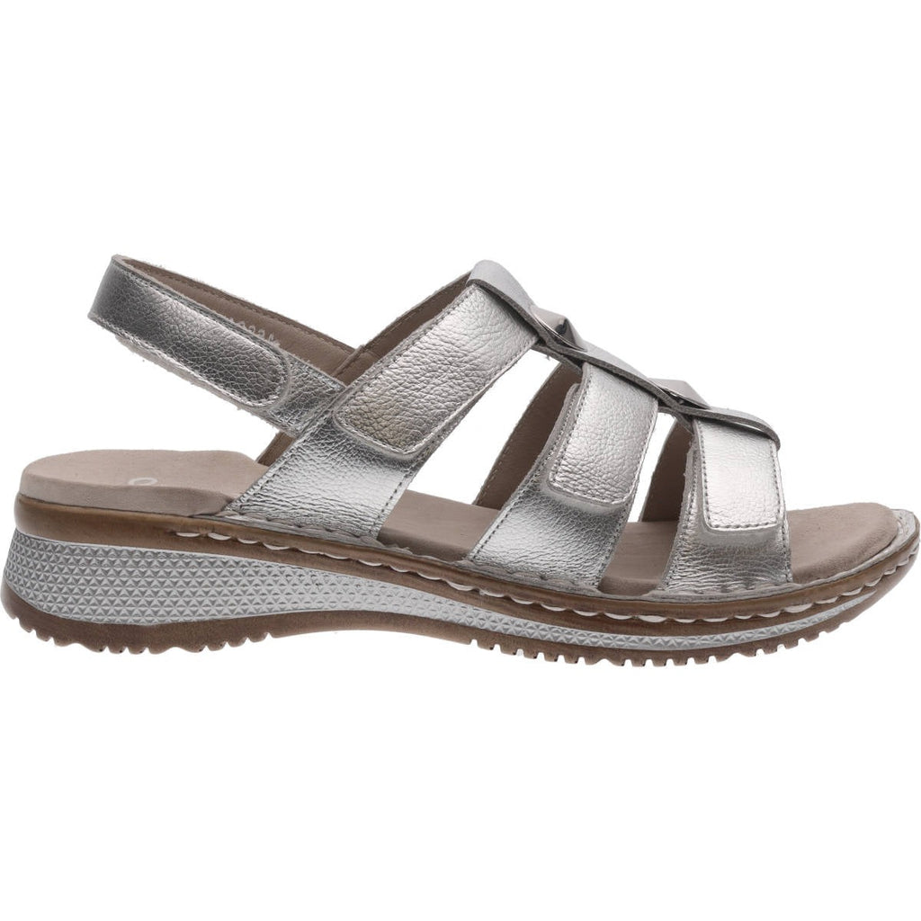 Silver leather sandals with three roughly inch wide straps over the foot, tan leather insole and silver sole. 