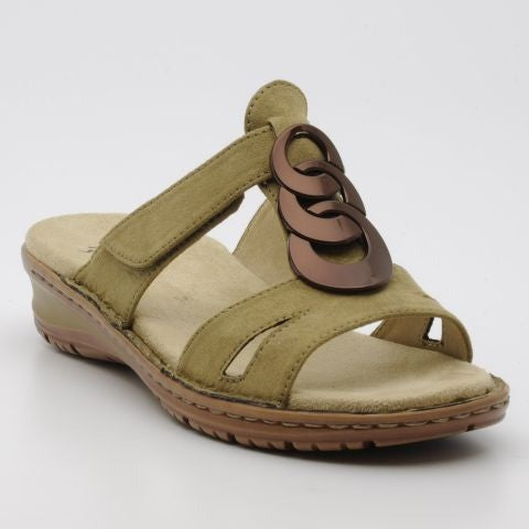 khaki green leather sandals with three interlocking decorative discs on the top, a pale sand coloured leather insole, tan stitch edged sole with small heel
