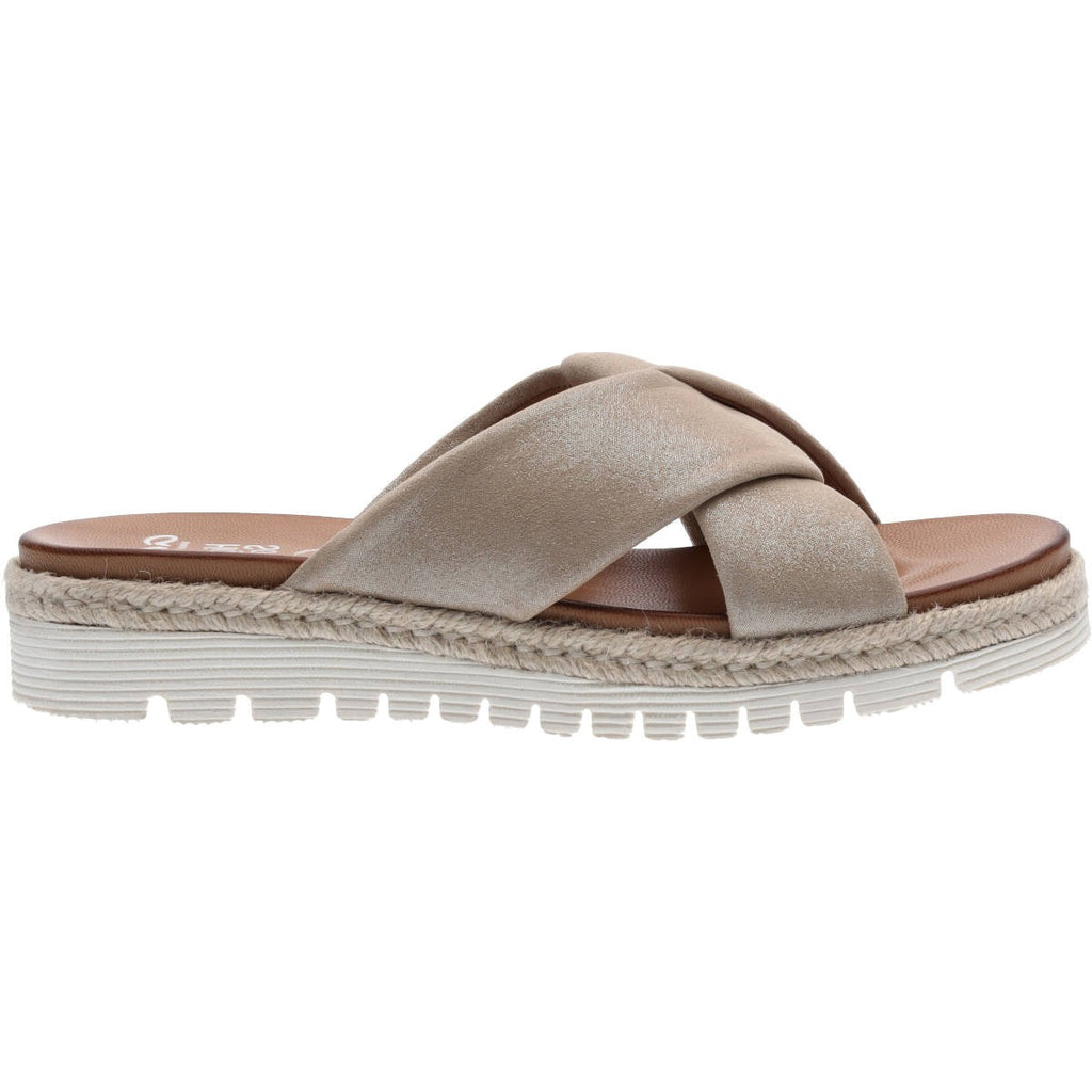 Sand coloured leather sandals with two soft fabric looking top straps which cross over the foot, with plaited rope style detail around the sole, above a ribbed white sole. Super stylish. 