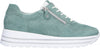 Aqua blue suede leather trainers with white ankle contrast and a thick white sole with two feature tramlines. Side zip and white laces. Side view.