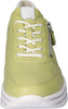 Lime green leather trainers with white ankle contrast and a thick white sole with two feature tramlines. Side zip and white laces. Front view. 