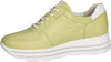 Lime green leather trainers with white ankle contrast and a thick white sole with two feature tramlines. Side zip and white laces. Side view. 