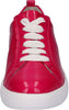 Bright red leather trainers with wide white ribbon laces and thick white cushioned sole. 