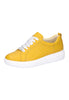 Ladies bright yellow leather trainer shoe with white ribbon laces, thick white sole.