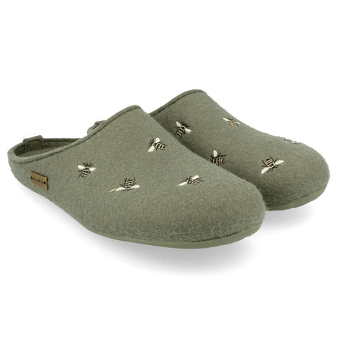 Haflinger busy bee 100% wool non-slip green slipper