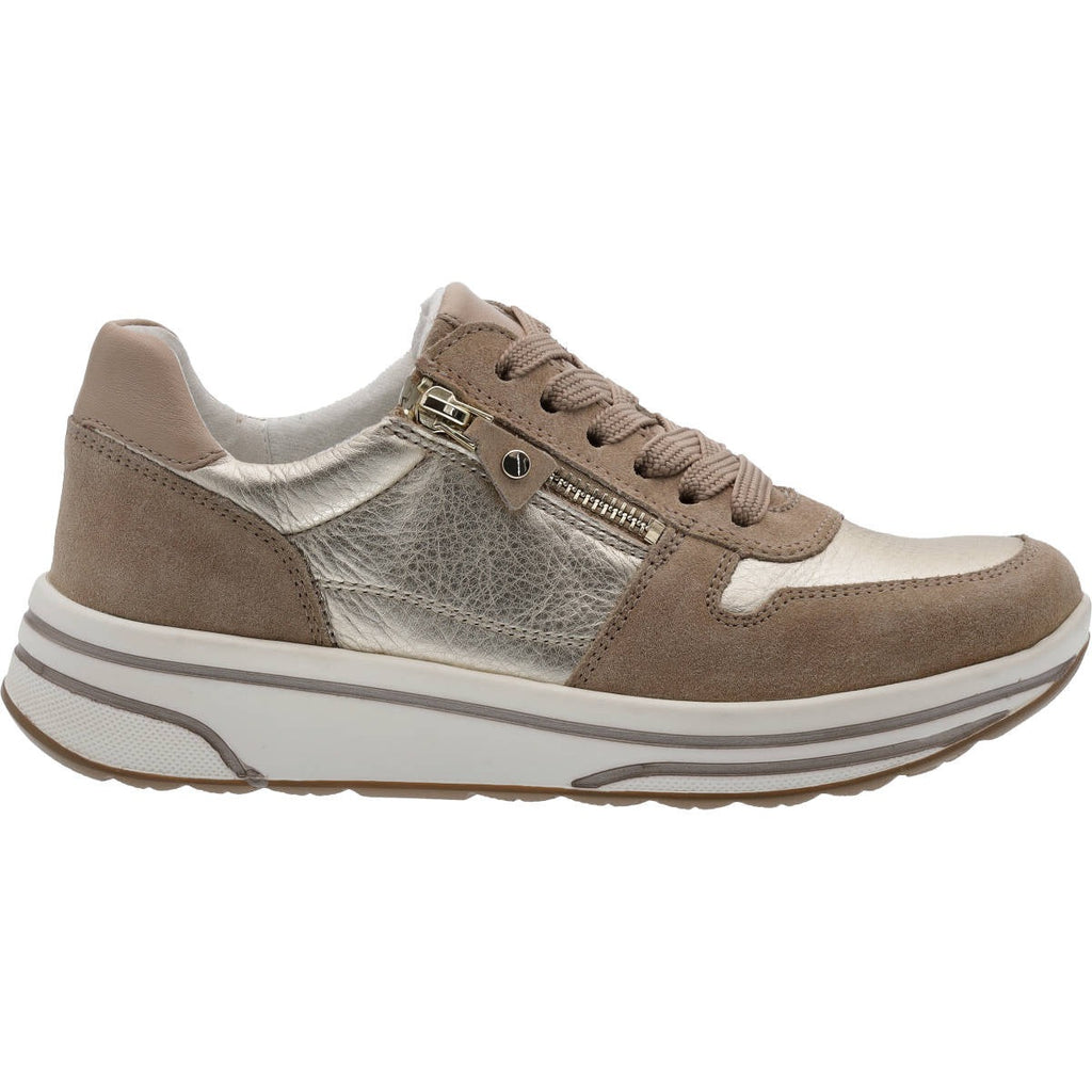 Soft gold leather and sand coloured nubuck trainer shoe with side zip, laces and a contrasting off-white with grey detail thick flat sole. 