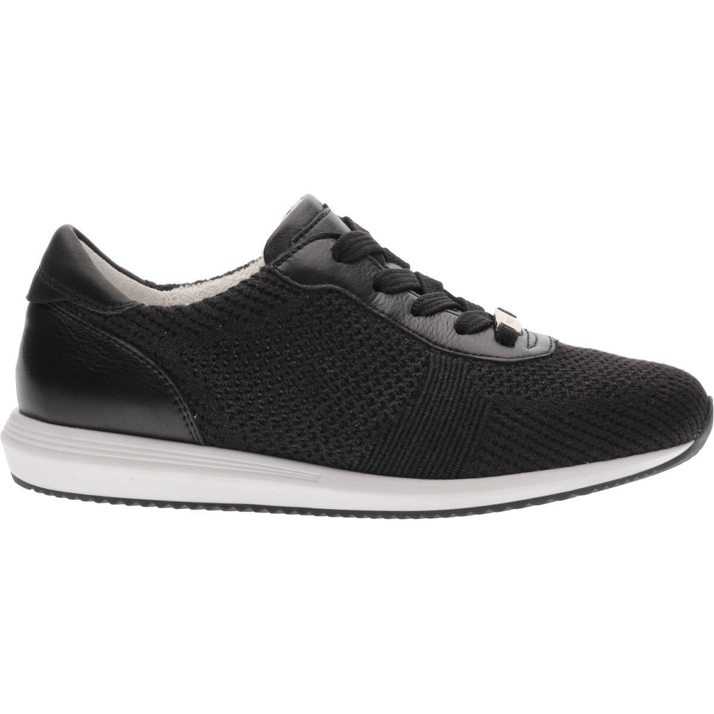 black fabric trainers white inner on a white sole with a fine black sole below that. 
