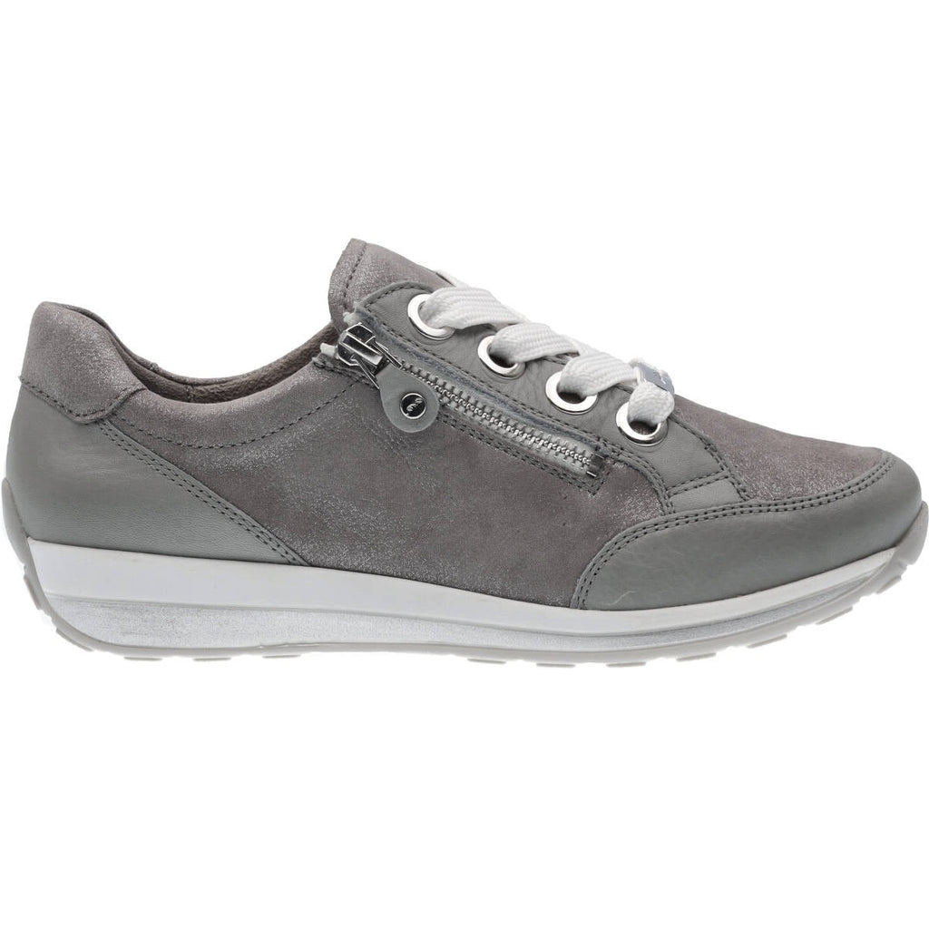 metallic grey leather trainer with contrasting toe, lace and heel detail, side zip and wide laces. 
