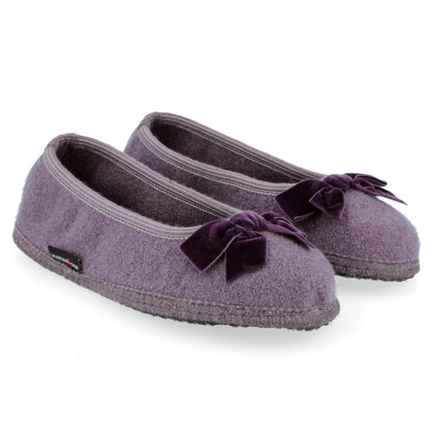 Haflinger wool non slip sole velvet bow trim purple pump slipper